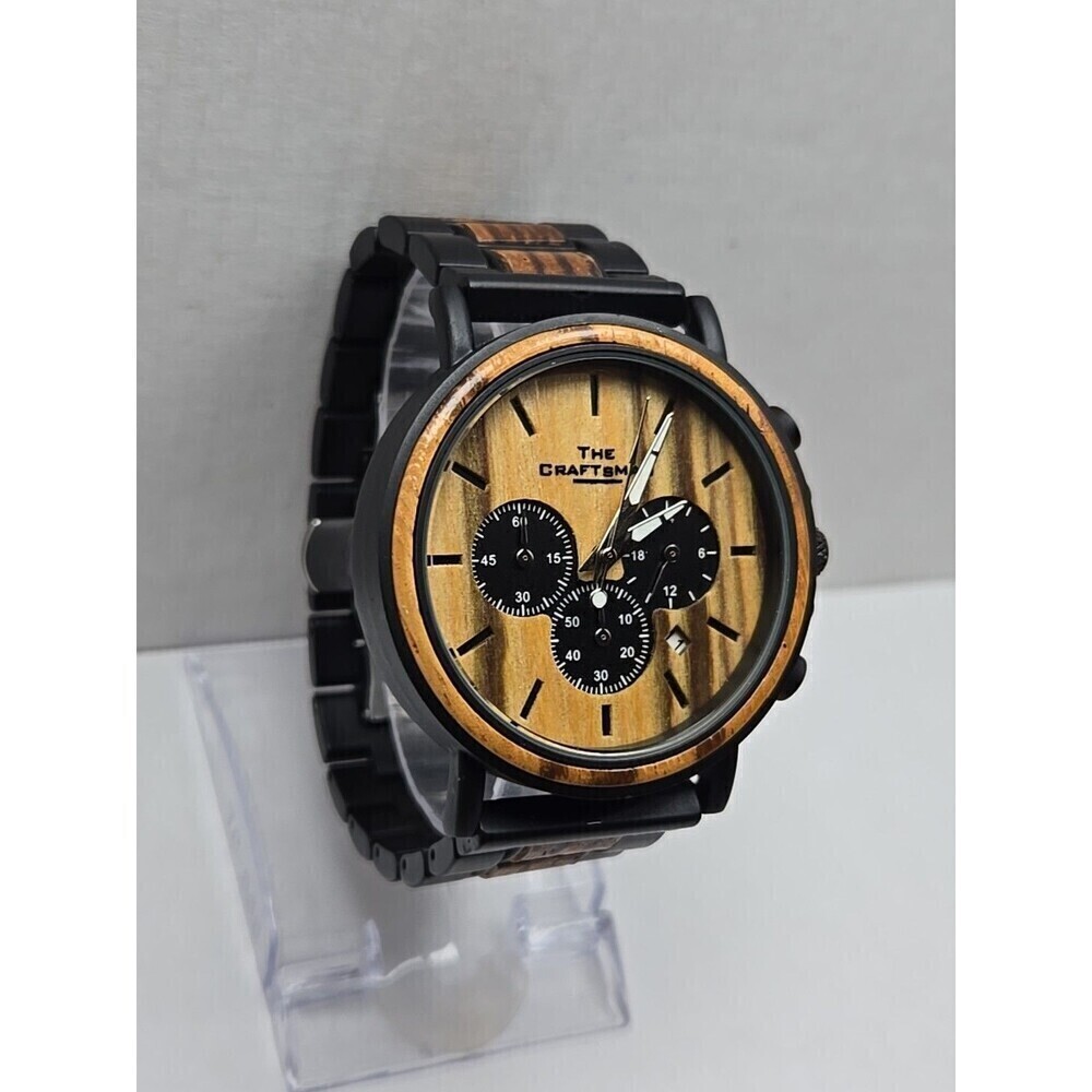 Danbury Mint The Craftsman Zebrawood Chrono Watch 44mm Quartz New Battery Date - Picture 3 of 12
